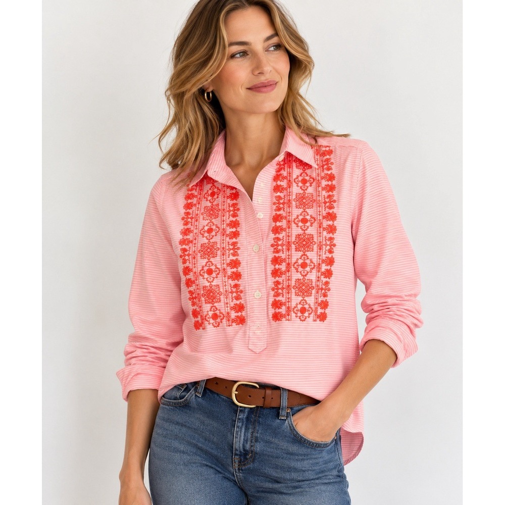 J.Crew Embroidered Stripe Popover Shirt Feminine Boho Preppy Fall Size 4